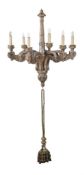 A CARVED AND SILVERED SIX BRANCH CHANDELIER, PROBABLY FRENCH OR ITALIAN