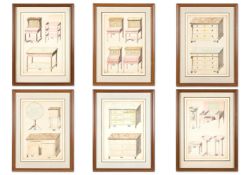 FRENCH SCHOOL (FIRST HALF 19TH CENTURY), A SET OF SIX HAND-COLOURED DRAWINGS OF FURNITURE DESIGN