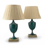 A PAIR OF SIMULATED MALACHITE URN SHAPED LAMPS, MODERN