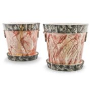 A PAIR OF MARBLED RED POTTERY JARDINIÈRES AND STANDS, PROBABLY ITALIAN