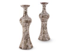 A PAIR OF MARBLED CERAMIC CANDLEHOLDERS OF SLENDER BALUSTER FORM, MODERN