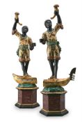 A PAIR OF VENETIAN POLYCHROME DECORATED CARVED WOOD MORETTO GONDOLIER FIGURES, ITALIAN