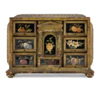 AN ITALIAN SIMULATED MARBLE AND REVERSE PAINTED GLASS INSET TABLE CABINET, 19TH CENTURY