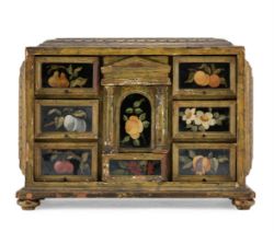AN ITALIAN SIMULATED MARBLE AND REVERSE PAINTED GLASS INSET TABLE CABINET, 19TH CENTURY