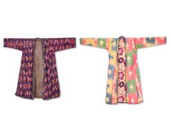 TWO UZBEK SILK IKAT ROBES OF CHAPAN FORM, PROBABLY LATE 19TH/EARLY 20TH CENTURY