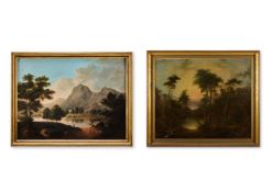 ENGLISH SCHOOL, 19TH CENTURY, TEMPLE BESIDE A LAKE IN A MOUNTAINOUS LANDSCAPE