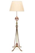 A MODEL 'NO. 407' COPPER AND BRASS STANDING LAMP WITH LEAVES BY W.A.S BENSON (BRITISH, 1854-1924)