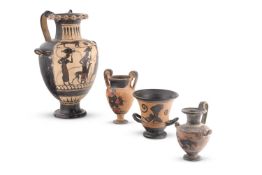 AFTER THE ANTIQUE, A COLD PAINTED TERRACOTTA BLACK FIGURE HYDRIA, PROBABLY SOUTH ITALIAN