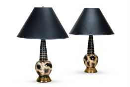 A PAIR OF BLACK AND GILT DECORATED BLACK GLASS LAMPS, 20TH CENTURY