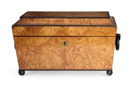 A VICTORIAN BURR ELM AND PART EBONISED TEA CADDY, CIRCA 1840