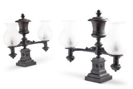 A PAIR OF LATE REGENCY BRONZE TWIN LIGHT COLZA LAMPS, EARLY 19TH CENTURY
