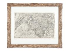 AFTER JOHN ROCQUE, AN ENGRAVED MAP OF PARIS PRINTED ON SILK