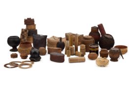 A GROUP OF WICKER VESSELS, MOSTLY SOUTHEAST ASIAN