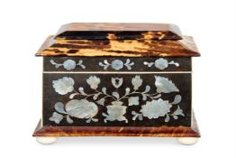 Y AN EARLY VICTORIAN MOTHER-OF-PEARL INLAID TORTOISESHELL TEA CADDY CIRCA 1840 Ivory slip veneers an