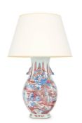 A HEXAGONAL SECTION BLUE AND WHITE AND SANG DE BOEUF TWO HANDLED LAMP, CHINESE