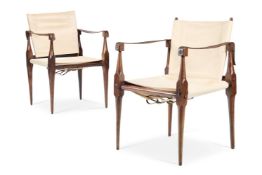 A PAIR OF TEAK AND CREAM CANVAS 'SAFARI' CHAIRS BY WILHELM KIENZLE, SECOND HALF 20TH CENTURY