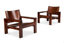A PAIR OF MAHOGANY AND LEATHER ARMCHAIRS, ATTRIBUTED TO PIERRE CHAPO (FRENCH, 1927-1987)