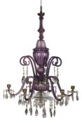 AN AMETHYST AND CLEAR GLASS SIX LIGHT CHANDELIER, 19TH/20TH CENTURY