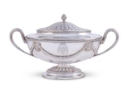 A GEORGE III SILVER OVAL PEDESTAL TUREEN AND COVER SEBASTIAN & JAMES CRESPELL