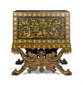 AN INDIAN BLACK AND GILT LACQUER CHEST ON STAND, PROBABLY BAREILLY