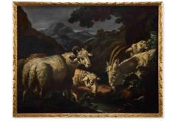CIRCLE OF PHILIP PETER ROOS, ROSA DA TIVOLI (GERMAN 1657-1706), A MOUNTAINOUS WOODED LANDSCAPE