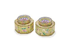 A pair of Chinese painted enamel hexagonal ink wells