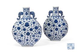 A large pair of Chinese blue and white moon flasks