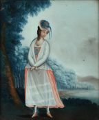 A Chinese reverse mirror painting of a standing lady