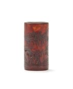 A Chinese metal lined bamboo brush pot