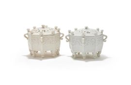 A pair of Chinese Dehua 'Marco Polo' censers and covers
