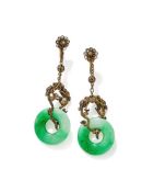 A pair of Chinese jadeite filigree mounted earrings