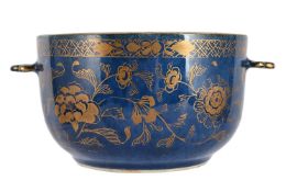 A Chinese powder blue and gilt circular tureen base