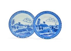 A pair of Chinese blue and white 'Deshima lsland' dishes