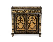 A CREAM AND BLACK PENWORK CABINET OF REGENCY STYLE