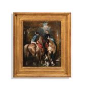 ALFRED DE DREUX (1810-1860) TWO LADIES ON HORSEBACK WITH DOGS IN A WOOD