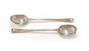A PAIR OF QUEEN ANNE SILVER HANOVERIAN PATTERN BASTING SPOONS, DAVID WILLAUME