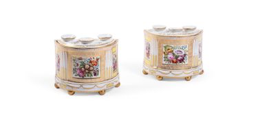 A PAIR OF COALPORT PORCELAIN DEMI-LUNE BOUGH POTS AND PIERCED COVERSEARLY 19TH CENTURY Painted wit