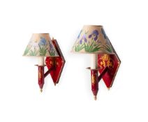 A PAIR OF RED AND GILT TOLE PEINTE WALL LIGHTS OF EMPIRE STYLE