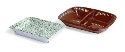 A RED POTTERY BROWN GLAZED SLIPWARE BAKING DISH OF SUSSEX TYPE, ENGLISH