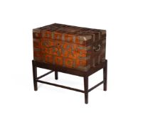 A BRASS BOUND AND INLAID TEAK BOX, PROBABLY INDIAN