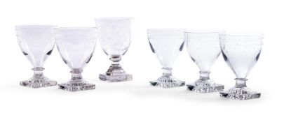 A SET OF FIVE ENGRAVED GLASS RUMMERS, 19TH CENTURY