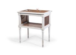 A WHITE PAINTED BEECHWOOD AND CANED SIDE TABLE OR STAND OF LOUIS XVI DESIGN