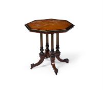 Y A LATE VICTORIAN EBONISED AND PARCEL-GILT AMBOYNA OCTAGONAL OCCASIONAL TABLE