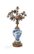 A DELFT GILT METAL MOUNTED FIVE LIGHT CANDELABRUM, THE VASE DUTCH, LATE 18TH CENTURY
