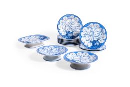 A STAFFORDSHIRE PEARLWARE BLUE AND WHITE LEAF MOULDED PART DESSERT SERVICE, MID 19TH CENTURY