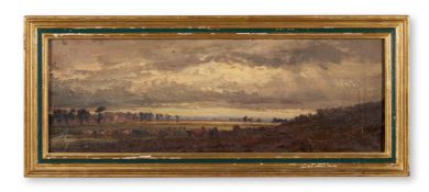 EDMUND MORRISON WIMPERIS (BRITISH 1835-1900) AN EXTENSIVE LANDSCAPE AT DUSK WITH CATTLE WATERING