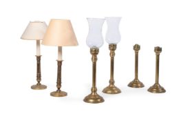 A PAIR OF BRASS CANDLESTICK TABLE LIGHTS, 20TH CENTURY