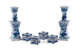 A PAIR OF CHINESE SQUARE SECTION BLUE AND WHITE CANDLESTICKS, 19TH CENTURY