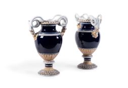 A PAIR OF MEISSEN BLUE GROUND AND GILT SERPENT HANDLED VASES, LATE 19TH CENTURY