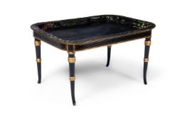 A VICTORIAN BLACK, POLYCHROME AND GILT DECORATED PAPIER MACHE TRAY, 19TH CENTURY